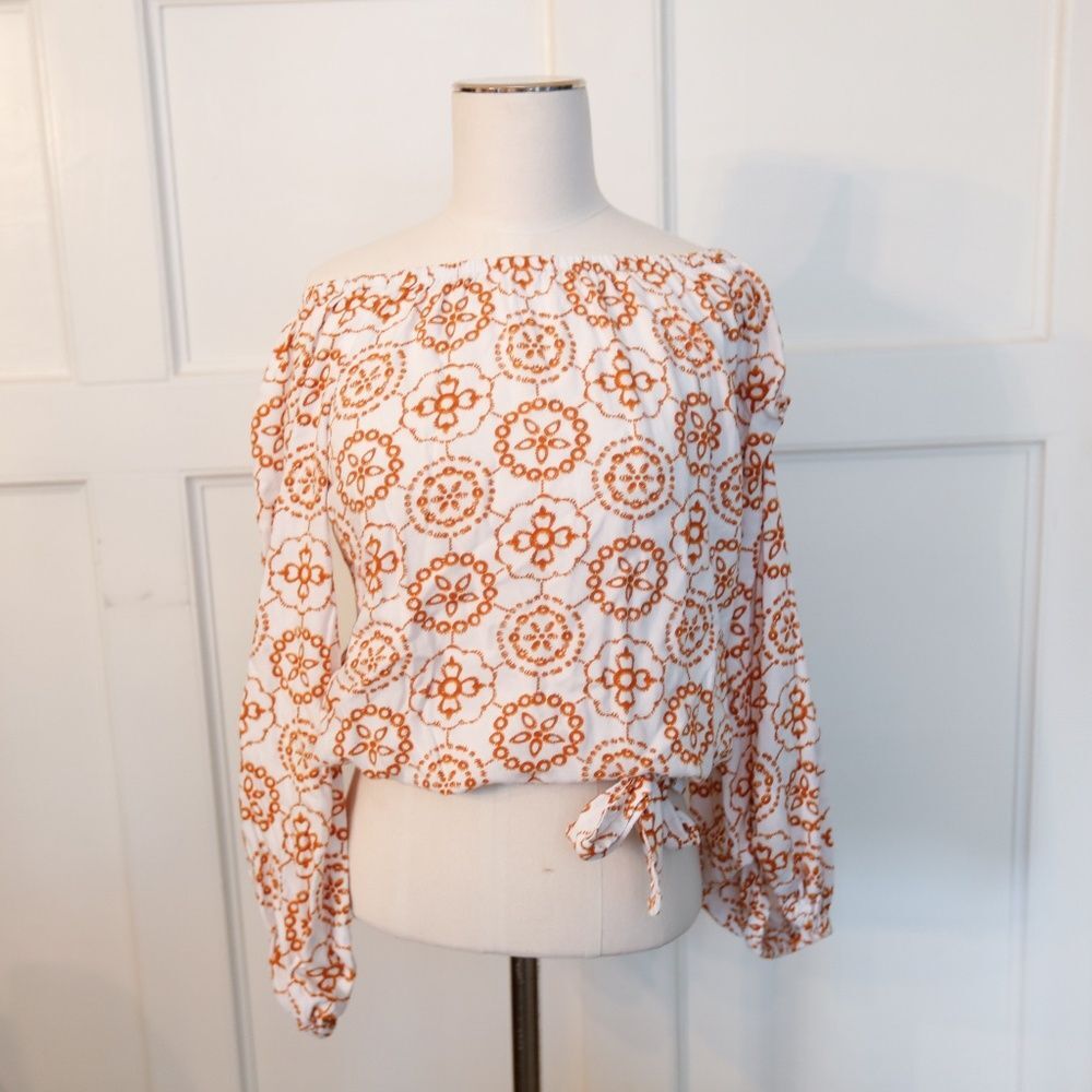 Burnt Orange Top Off-Shoulder Vince Camuto XS Boho Balloon Sleeve
